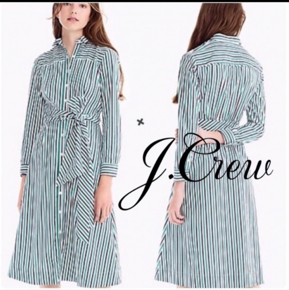 J. Crew blue green Tie-waist shirtdress in stripe 2